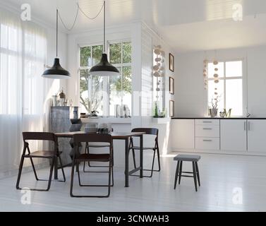 Modern Scandinavian kitchen and dining room interior. Bright home with white walls and minimalist furniture. 3D rendering of a contemporary apartment. Stock Photo