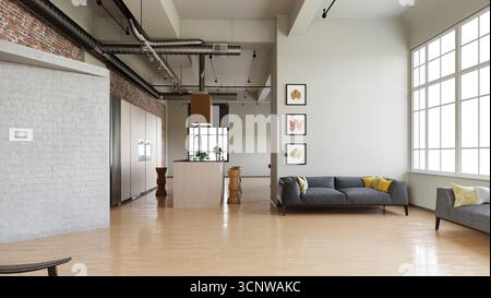kitchen with cabinets island red brick. Ceiling with ducts lights. Hardwood floors, white brick wall. 3D rendering. Stock Photo