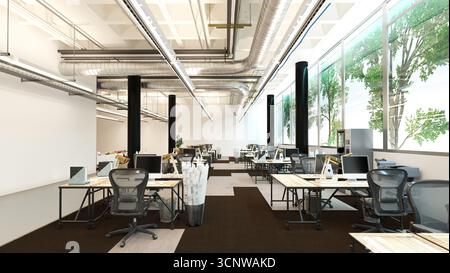 Office: desks chairs computers. Ceiling with ducts pipes lights. Windows tree light. Carpet. Corporate space. 3D rendering. Stock Photo