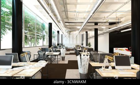 Office: desks with computers chairs lamps. Blueprints. Ceiling with ducts lights. Windows tree view light. Carpet. 3D corporate. 3D rendering. Stock Photo