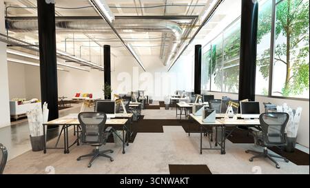 Office: ceiling with ducts lights. Desks chairs computers lamps. Pillars, windows trees light. Carpet concrete. Lounge blueprints. Studio. 3D renderin Stock Photo