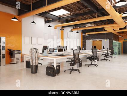 Office: desks chairs computers. Ceiling with beams orange ducts, concrete floor. Brick wall with coffee printer Stock Photo