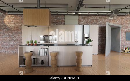Kitchen: wood cabinets, island with top stools. Appliances ovens fridge on brick wall. Ceiling ducts lights. Wood floors. Contemporary. 3D rendering. Stock Photo