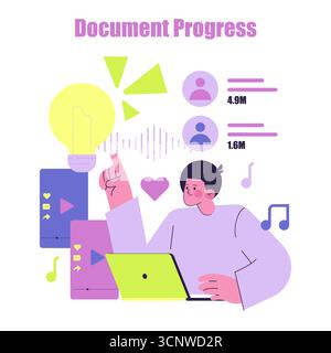 Colorful vector illustration of a person analyzing document progress with charts and icons. Engaged in digital analytics and growth tracking, showcasing interactive digital tools. Stock Vector