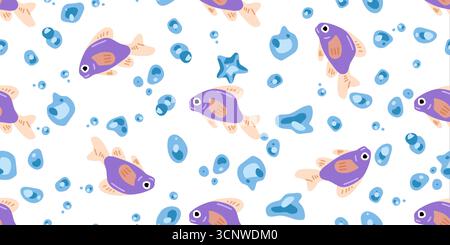 Seamless Purple Fish Bubble Pattern. Purple fish seamless pattern in cartoon flat style. Small fishes, bubbles and starfish repeating on white backgro Stock Vector