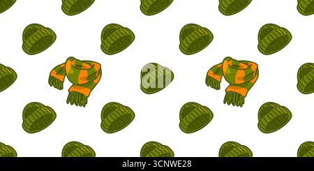 Seamless Winter Hat Scarf Pattern Cartoon seamless pattern with knitted hats and striped scarves, cozy winter clothing repeat design on a white backgr Stock Vector