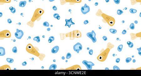 Seamless Yellow Fish Bubble Pattern. Yellow fish seamless pattern in cartoon flat style. Small fishes, bubbles and starfish repeating on white backgro Stock Vector