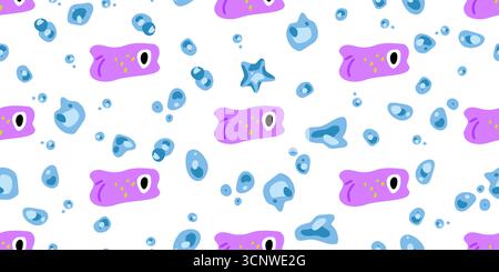 Seamless Purple Fish Bubble Pattern. Purple fish seamless pattern in cartoon flat style. Small fishes with bubbles and starfish repeating on white bac Stock Vector