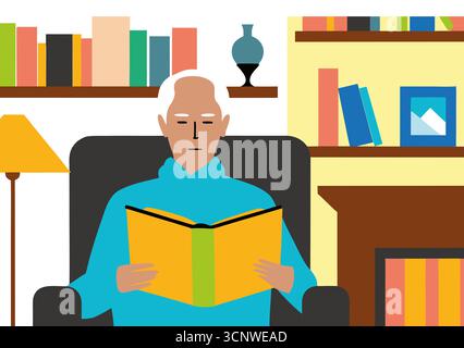 Elderly man with gray hair sits comfortably in an armchair, immersed in a book. The living room features shelves filled with colorful books, a warm la Stock Photo