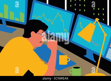 A professional is seated at a desk, intently observing multiple computer screens displaying market data and graphs. Stock Photo