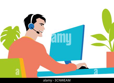 A young man with a headset engages with clients while working on a computer in a contemporary office. Indoor plants enhance the workspace atmosphere, Stock Photo