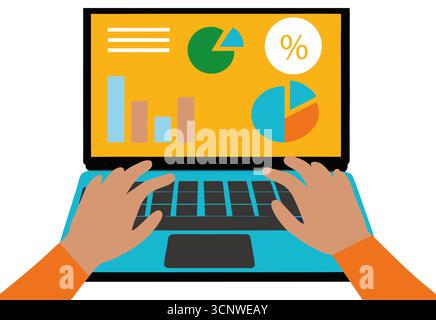 A cropped unrecognizable person with brown skin hands working on data analysis using a laptop in a contemporary office environment. Colorful graphs an Stock Photo