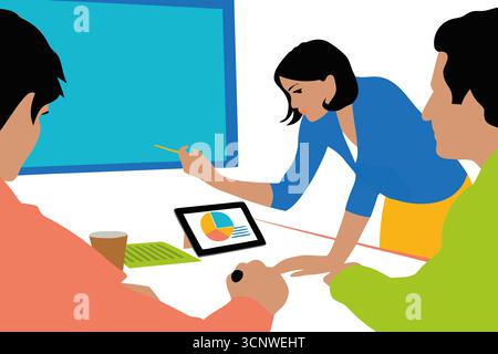Business professionals collaborate in a meeting room, actively discussing strategies as one member presents data on a tablet. The atmosphere is focuse Stock Photo