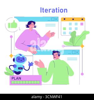 Vector illustration depicting a team collaborating on software development. Features diverse team members discussing iterative planning with digital tools and a friendly robot assistant. Stock Vector