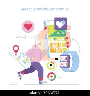 Vector illustration showcasing wearable technology adoption. A person running while using fitness tracker apps on devices like smartwatches and smartphones to monitor health metrics. Stock Vector