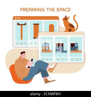 Vector illustration of a person engaged in planning interior design using a digital interface. The image includes a cat sitting atop a screen showcasing various interior elements. Stock Vector