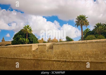 Scenic view of palm trees, tropical plants, and church domes behind an old stone wall under a blue sky with dramatic white clouds. Stock Photo