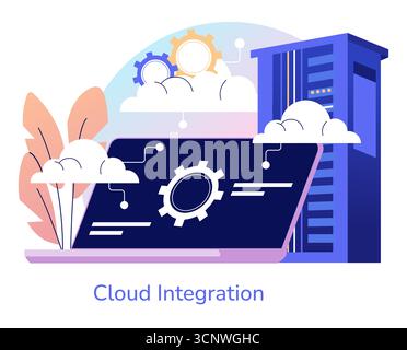 Vector illustration depicting a cloud integration concept with server imagery, digital gears, and interconnected clouds symbolizing technology and data synchronization. Stock Vector