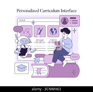 Vector illustration of a personalized curriculum interface featuring a robot and a student engaged in learning activities. The student uses a tablet, interacting with the AI. Stock Vector