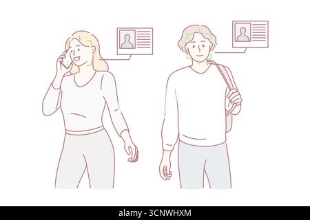 Face identification and identity concept. Young smiling man and woman cartoon characters standing with green scan on faces and identity cards nearby vector illustration Stock Vector