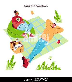 Outdoor scene with two friends enjoying a picnic on a blanket. One person is seated on a bean bag, smiling, while the other is lying down relaxed with headphones. Vector illustration of leisure and friendship. Stock Vector