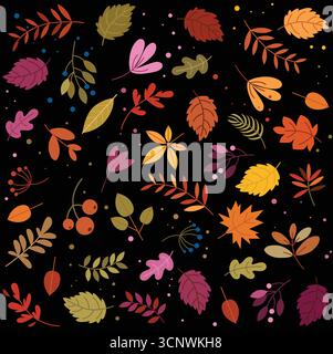 Seamless autumn leaves and berries pattern with dynamic, vivid, colorful nature elements on a black background vector illustration Stock Vector