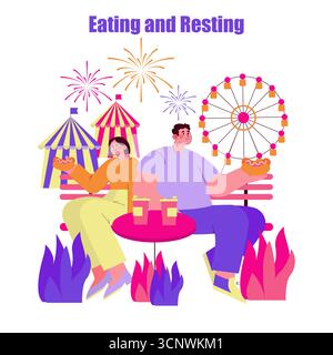 Vector illustration of a happy couple enjoying snacks on a bench at an amusement park. Bright colors, a Ferris wheel, and fireworks create a festive atmosphere. Stock Vector