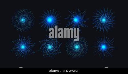 Cyber mandala icon set, blue digital fractal chakra, funnel light. Radial tunnel portal vortex effect. Futuristic tech circular sighs for firework Stock Vector