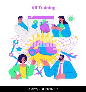 Colorful vector illustration showcasing professionals using VR technology for training and education. Features diverse roles, including medical, aviation, and education. Perfect for tech and innovation themes. Stock Vector