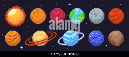 Pixel planet solar system set for space game - celestial bodies with Sun, rocky worlds, gas giants and ringed spheres. Cosmic set with stars, orbits and astronomical objects for astronomy design. Stock Vector