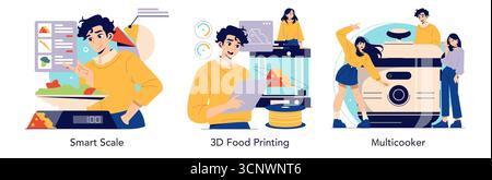 Vector illustration set showcasing smart kitchen technology including a smart scale with nutritional info, 3D food printer in use, and a playful introduction to a multicooker. Stock Vector