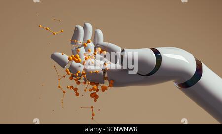 A robot hand with artificial intelligence interacts with floating orange particles, displaying advanced technological capabilities and innovation Stock Photo