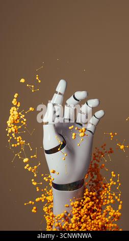 A robot hand with artificial intelligence interacts with floating orange particles, displaying advanced technological capabilities and innovation Stock Photo