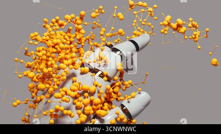 A robot hand with artificial intelligence interacts with floating orange particles, displaying advanced technological capabilities and innovation Stock Photo