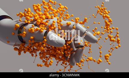 A robot hand with artificial intelligence interacts with floating orange particles, displaying advanced technological capabilities and innovation Stock Photo