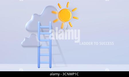 Blue ladder reaching through cloud towards bright sun with career dream success concept for business growth visualization. Soft white forms and sky elements. Achievement path metaphor illustration. Stock Vector