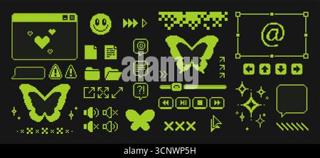 Pixel game interface with y2k aesthetic - browser window, butterfly icons, smiling face and media controls on black background. Neon green elements of navigation buttons for retro computer design. Stock Vector