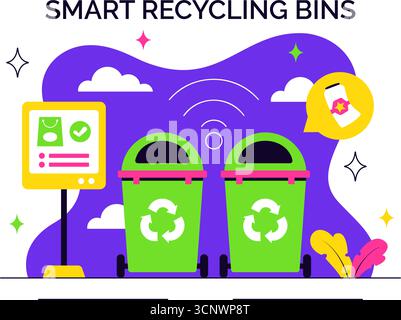 Smart Recycling Bins Illustration Featuring Technology with Intelligent Waste Sorting, Environmental Monitoring, and Sustainable Garbage Management Stock Vector