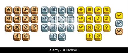 Pixel game button set with 3d cubic design - wooden, metallic and golden interface elements for navigation, menu controls and actions. Various icons and symbols for retro arcade style assets. Stock Vector