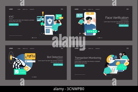 Vector illustrations depicting digital security processes including KYC, face verification, bot detection, and transaction monitoring. Characters interact with technology, displaying concepts of cybersecurity. Stock Vector