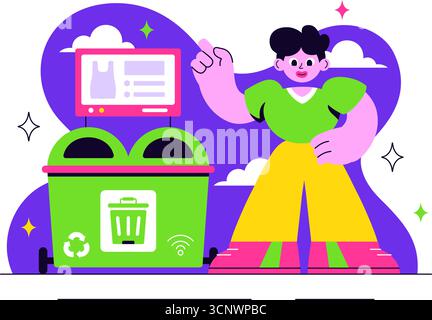Smart Recycling Bins Illustration Featuring Technology with Intelligent Waste Sorting, Environmental Monitoring, and Sustainable Garbage Management Stock Vector