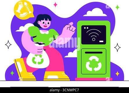 Smart Recycling Bins Illustration Featuring Technology with Intelligent Waste Sorting, Environmental Monitoring, and Sustainable Garbage Management Stock Vector