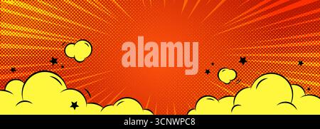 Comic superhero explosion with cloud bursts, black stars and halftone dots on red gradient background. Yellow puffs frame with radial burst pattern for dynamic action scenes or retro pop art designs. Stock Vector