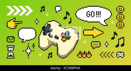 Game pixel y2k retro controller with colorful buttons, speech bubbles, arrows and emoticons on bright green background. Music notes, smiling faces and interface elements for nostalgic arcade design. Stock Vector