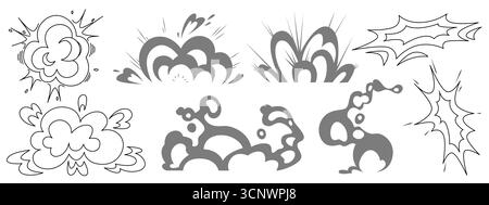 Manga explosive effect collection with burst clouds, smoke puffs and impact lines. Dynamic action elements for comic panels, fight scenes or dramatic moments in Japanese style illustrations. Stock Vector