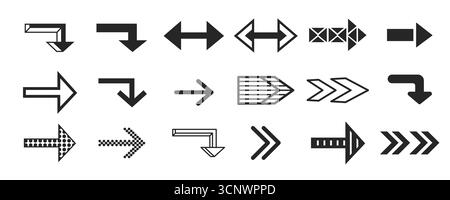 Narrow arrow sign set with directional pointers for navigation and interface design. Black geometric symbols with outlined shapes and dotted patterns. Modern ui elements for web or app guidance Stock Vector