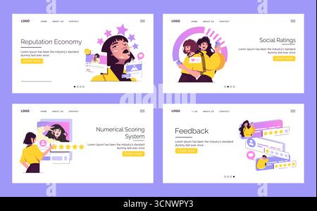 Vector illustration set depicting concepts of social ratings, reputation economy, numerical scoring system, and feedback. Characters interact with digital platforms and emotive icons. Stock Vector