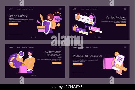 Set of vector illustrations depicting brand safety, verified reviews, supply chain transparency, and product authentication. Icons and elements focus on digital security themes. Stock Vector