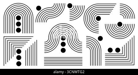 Line arch rainbow compositions with black circles, wavy stripes and curved geometric forms for contemporary abstract art. Parallel lines, corners and flowing shapes for minimalist posters designs. Stock Vector