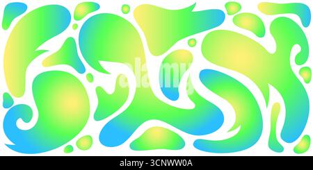 Funky liquid shape design with gradient blobs in green, blue and yellow colors for modern background. Abstract fluid forms with smooth curves and organic flow. Trendy quirky decorative elements. Stock Vector